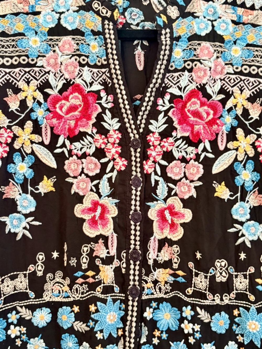 Johnny Was Black Floral Embroidered V-Neck Tunic, medium - Picture 3 of 7